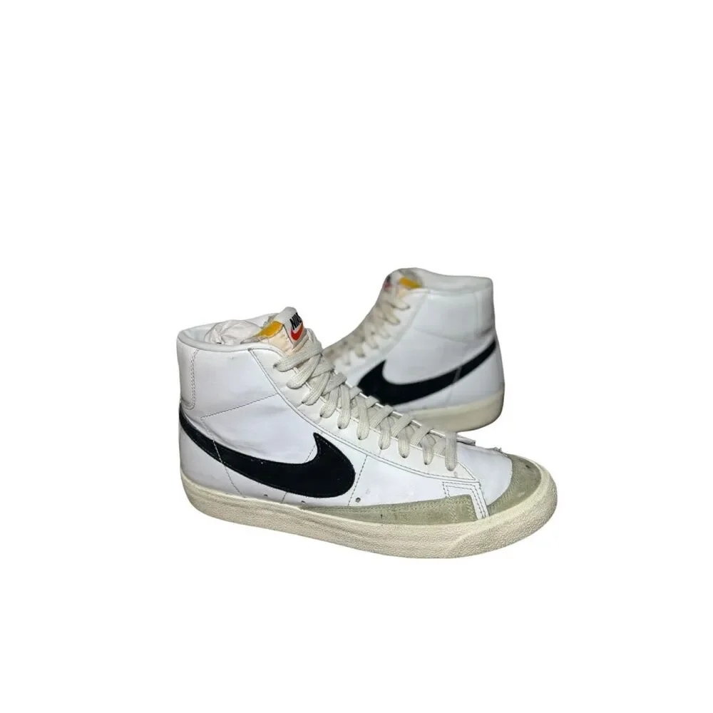 White High-Top Leather Sneaker with Black Swoosh - Men size 10